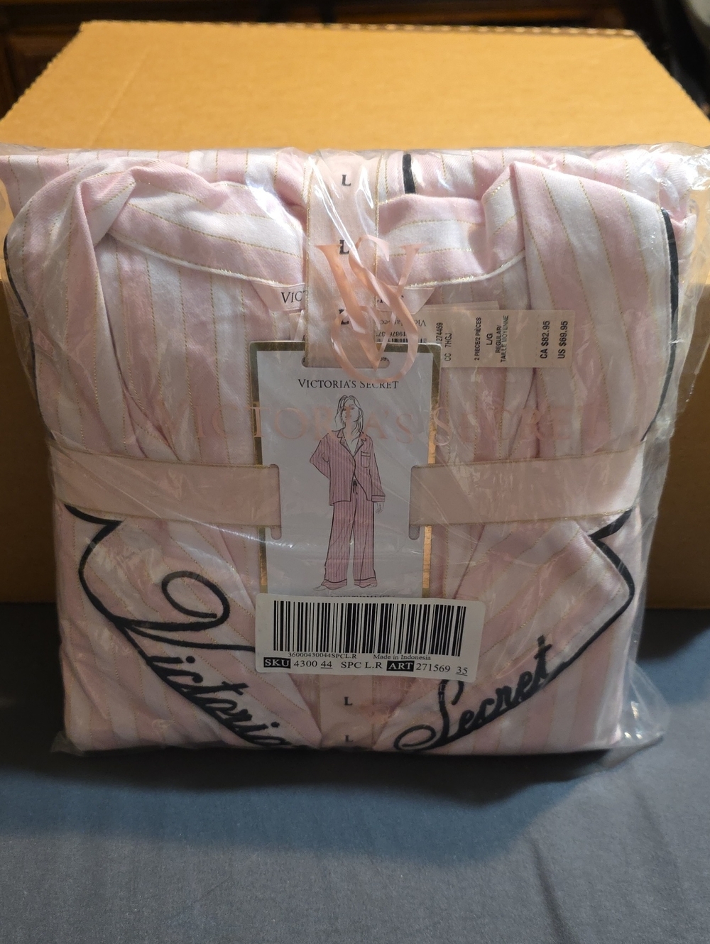 Victoria's Secret Pink and White Satin Stripe Flannel Pajama Set - Picture 1 of 4
